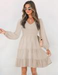 ZESICA Women's Casual V Neck Long Sleeve Smocked High Waist Ruffle A Line Tiered Mini Dress,Beige,Small