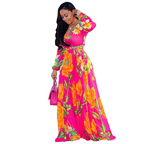 Nuofengkudu Womens Chiffon V-Neck Printed Floral Maxi Dress Long Sleeves Dresses High Waisted Belt Plus Size (Rose) XXL