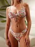 ZAFUL Women's Ditsy Floral Printed Swimsuit Knotted String Triangle Bikini Cheeky Bikini Set Khaki M