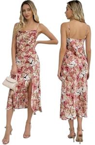 UTNISAN Women's Cowl Neck Spaghetti Strap Satin Slip Wedding Guest Formal Midi Evening Dress 2030 (XS, Wine Floral)