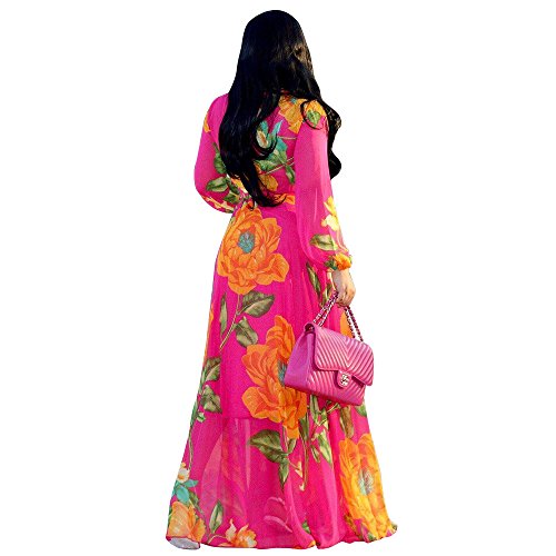 Nuofengkudu Womens Chiffon V-Neck Printed Floral Maxi Dress Long Sleeves Dresses High Waisted Belt Plus Size (Rose) XXL
