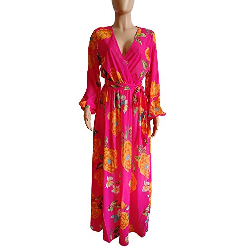 Nuofengkudu Womens Chiffon V-Neck Printed Floral Maxi Dress Long Sleeves Dresses High Waisted Belt Plus Size (Rose) XXL