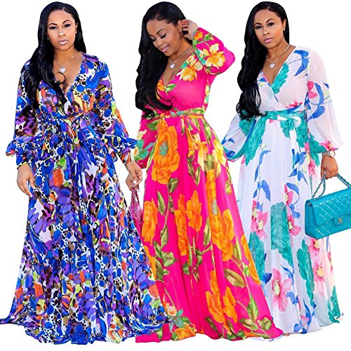 Nuofengkudu Womens Chiffon V-Neck Printed Floral Maxi Dress Long Sleeves Dresses High Waisted Belt Plus Size (Rose) XXL