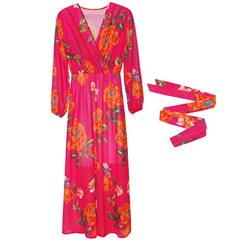 Nuofengkudu Womens Chiffon V-Neck Printed Floral Maxi Dress Long Sleeves Dresses High Waisted Belt Plus Size (Rose) XXL