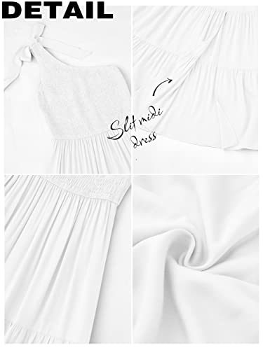 MEROKEETY Women's Summer One Shoulder Sleeveless Knot Smocked Midi Dress Split Tiered Flowy Dresses,White,M