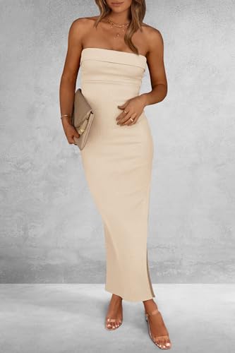 PRETTYGARDEN Women's Summer Bodycon Maxi Tube Dress Ribbed Strapless Side Slit Long Going Out Casual Elegant Party Dresses (Beige,Large)