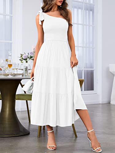 MEROKEETY Women's Summer One Shoulder Sleeveless Knot Smocked Midi Dress Split Tiered Flowy Dresses,White,M