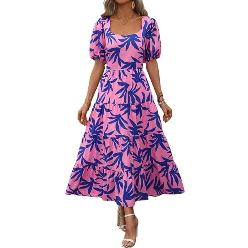 YSERB Women Casual Loose Bohemian Floral Dress Smocked Tiered Ruffle Long Swing Boho Dress Flowy Long Dress Party Dress Dark Blue