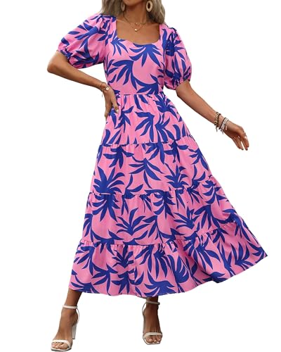 YSERB Women Casual Loose Bohemian Floral Dress Smocked Tiered Ruffle Long Swing Boho Dress Flowy Long Dress Party Dress Dark Blue