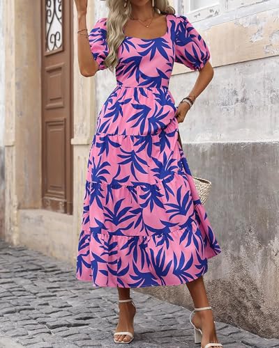 YSERB Women Casual Loose Bohemian Floral Dress Smocked Tiered Ruffle Long Swing Boho Dress Flowy Long Dress Party Dress Dark Blue