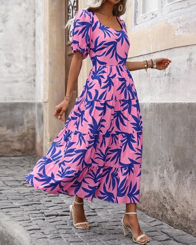 YSERB Women Casual Loose Bohemian Floral Dress Smocked Tiered Ruffle Long Swing Boho Dress Flowy Long Dress Party Dress Dark Blue