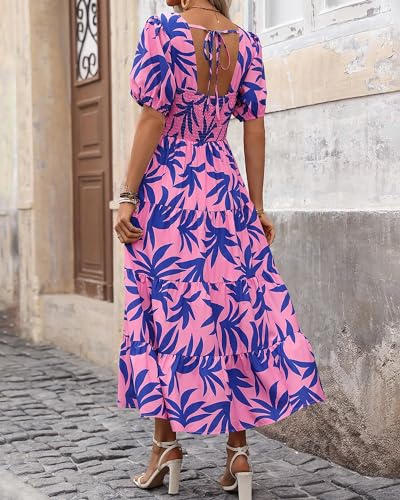 YSERB Women Casual Loose Bohemian Floral Dress Smocked Tiered Ruffle Long Swing Boho Dress Flowy Long Dress Party Dress Dark Blue