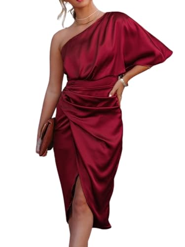 CUPSHE Women Satin Dress Backless One Shoulder Short Sleeves Midi High Low Hem Zipper Cocktail Party Dress Red, L