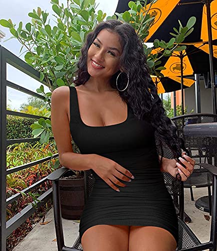 Inorin Womens Summer Bodycon Mini Dress Scoop Neck Ruched Sleeveless Ribbed Knit Casual Party Club Short Tank Dress Black