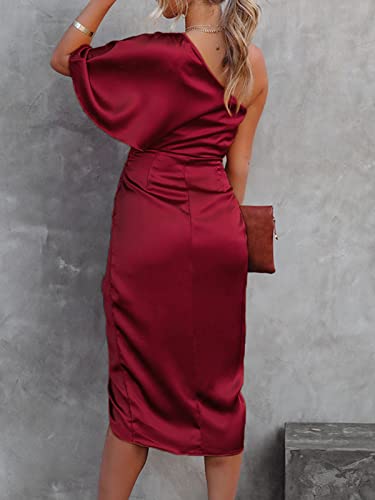 CUPSHE Women Satin Dress Backless One Shoulder Short Sleeves Midi High Low Hem Zipper Cocktail Party Dress Red, L