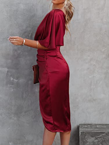 CUPSHE Women Satin Dress Backless One Shoulder Short Sleeves Midi High Low Hem Zipper Cocktail Party Dress Red, L