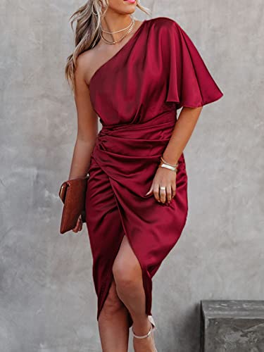 CUPSHE Women Satin Dress Backless One Shoulder Short Sleeves Midi High Low Hem Zipper Cocktail Party Dress Red, L