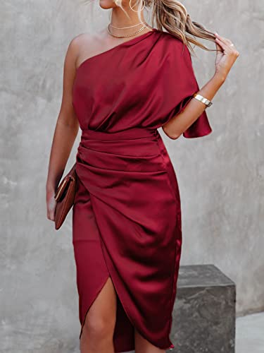 CUPSHE Women Satin Dress Backless One Shoulder Short Sleeves Midi High Low Hem Zipper Cocktail Party Dress Red, L