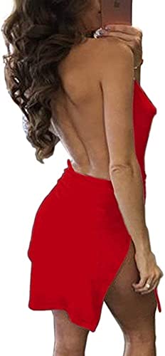 VANCOL Women's Sexy Deep V-Neck Halter Backless Slit Mini Party Club Dress (M, Red)