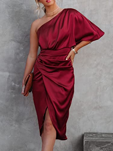 CUPSHE Women Satin Dress Backless One Shoulder Short Sleeves Midi High Low Hem Zipper Cocktail Party Dress Red, L