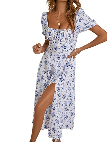 WDIRARA Women's Floral Print Tie Front Square Neck Short Sleeve Split Thigh Dress Blue and White XL
