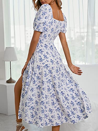 WDIRARA Women's Floral Print Tie Front Square Neck Short Sleeve Split Thigh Dress Blue and White XL