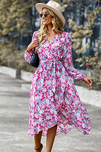 PRETTYGARDEN Women's Floral Print Boho Dress Long Sleeve Wrap V Neck Ruffle Belted A-Line Flowy Maxi Dresses (Floral Pink,X-Large)