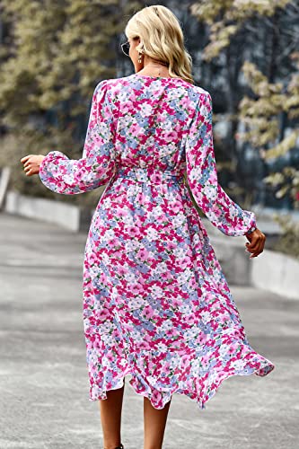 PRETTYGARDEN Women's Floral Print Boho Dress Long Sleeve Wrap V Neck Ruffle Belted A-Line Flowy Maxi Dresses (Floral Pink,X-Large)