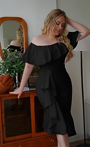 GOBLES Women's Elegant Off The Sholder Back Zipper Ruffles Bodycon Midi Cocktail Dress Black