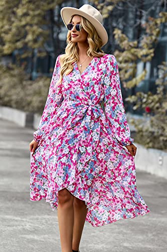 PRETTYGARDEN Women's Floral Print Boho Dress Long Sleeve Wrap V Neck Ruffle Belted A-Line Flowy Maxi Dresses (Floral Pink,X-Large)