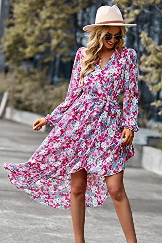 PRETTYGARDEN Women's Floral Print Boho Dress Long Sleeve Wrap V Neck Ruffle Belted A-Line Flowy Maxi Dresses (Floral Pink,X-Large)