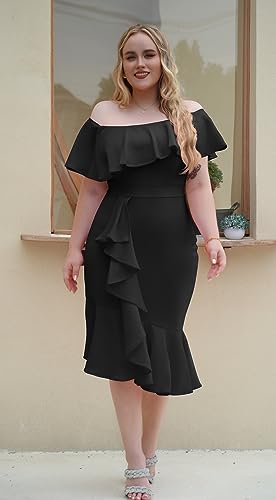 GOBLES Women's Elegant Off The Sholder Back Zipper Ruffles Bodycon Midi Cocktail Dress Black