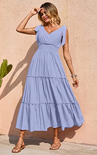 PRETTYGARDEN Women's Cross Neck Summer Sleeveless Tiered Maxi Dress Beach Tie Strap Smocked Long Dresses Pleated Sundress (Blue,Medium)