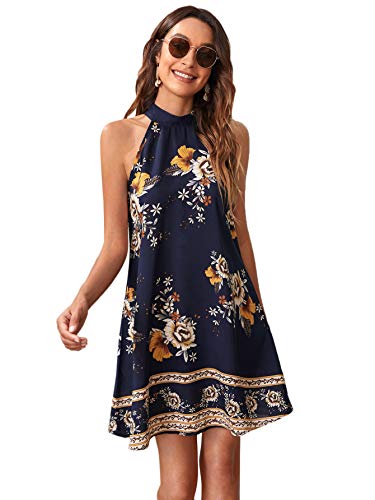 Floerns Women's Summer Floral Print Sleeveless Halter Neck Beach Party Dress Ink Blue M