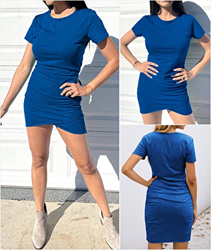 BTFBM Women's 2024 Summer Casual Beach Dresses Crew Neck Short Sleeve Wrap Party Club Mini Ruched Bodycon T Shirt Dress(Dark Blue, Medium)