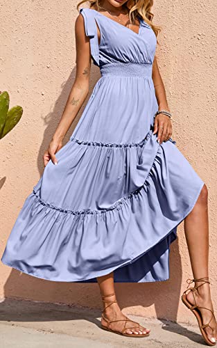 PRETTYGARDEN Women's Cross Neck Summer Sleeveless Tiered Maxi Dress Beach Tie Strap Smocked Long Dresses Pleated Sundress (Blue,Medium)