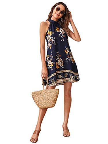 Floerns Women's Summer Floral Print Sleeveless Halter Neck Beach Party Dress Ink Blue M
