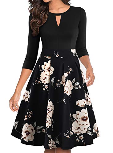 YATHON Women's Vintage Floral Flared A-Line Swing Casual Party Dresses with Pockets (YT018-Black Khaki 02-3/4, l)
