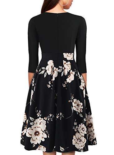 YATHON Women's Vintage Floral Flared A-Line Swing Casual Party Dresses with Pockets (YT018-Black Khaki 02-3/4, l)