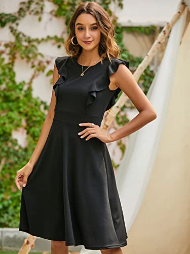 YATHON Women's Vintage Ruffle Floral Flared A Line Swing Casual Cocktail Party Dresses (XL, YT001-Black)