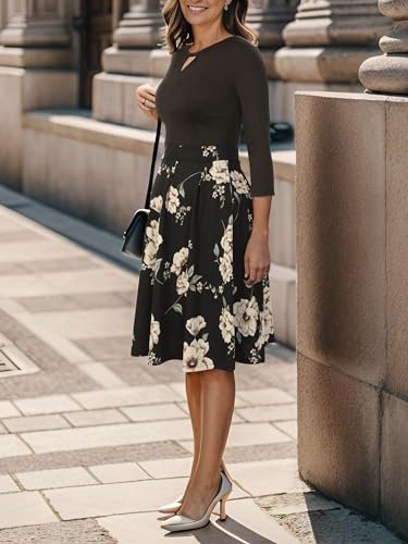 YATHON Women's Vintage Floral Flared A-Line Swing Casual Party Dresses with Pockets (YT018-Black Khaki 02-3/4, l)