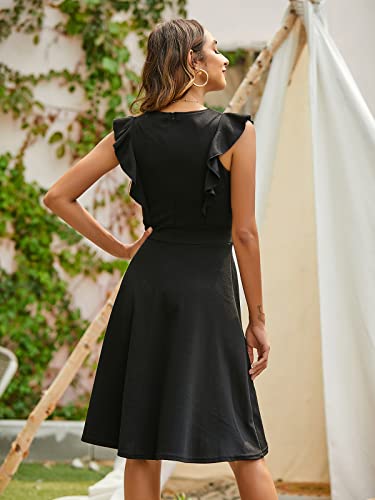 YATHON Women's Vintage Ruffle Floral Flared A Line Swing Casual Cocktail Party Dresses (XL, YT001-Black)