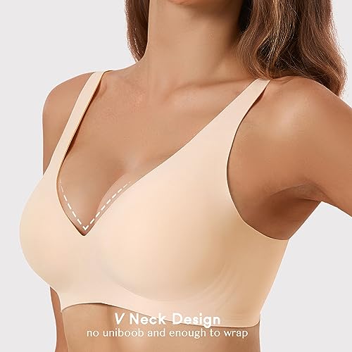 Gailife Deep V Bras for Women No Underwire Comfort Wireless Bralettes Adjustable Seamless Plunge Bra with Bra Extender -Nude,L