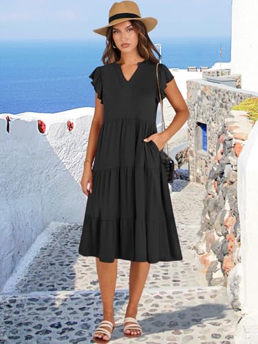 ANRABESS Womens Summer Ruffle Sleeve V Neck Midi Dress 2024 Fashion Casual Fit Flowy Tiered Boho Beach Vacation Sundress Black-M