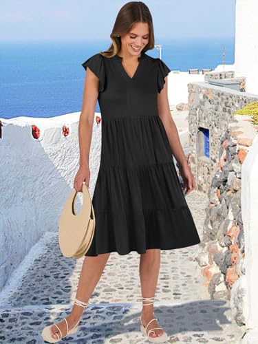 ANRABESS Womens Summer Ruffle Sleeve V Neck Midi Dress 2024 Fashion Casual Fit Flowy Tiered Boho Beach Vacation Sundress Black-M