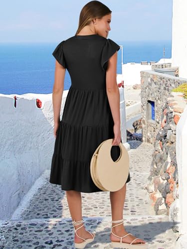 ANRABESS Womens Summer Ruffle Sleeve V Neck Midi Dress 2024 Fashion Casual Fit Flowy Tiered Boho Beach Vacation Sundress Black-M