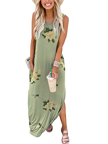 ANRABESS Women Casual Loose Sundress Sleeveless Split Maxi Long Beach Shirt Dress Travel Vacation 2024 Summer Outfits Floral Print Medium
