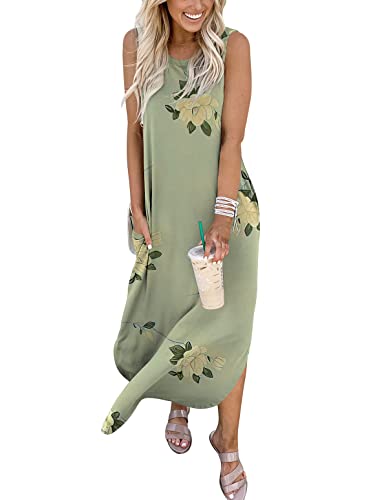 ANRABESS Women Casual Loose Sundress Sleeveless Split Maxi Long Beach Shirt Dress Travel Vacation 2024 Summer Outfits Floral Print Medium