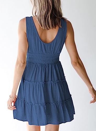 Dokotoo Womens Sundresses for Women 2024 Sleeveless Button Down Smocked Elastic Waist Ruffle Tiered Casual Cute Swing Mini Dress Summer Tank Sun Shorts Dress Beach Swimsuit Coverup Outfit Blue Small