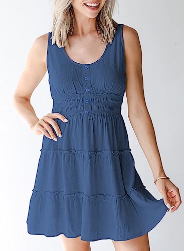 Dokotoo Womens Sundresses for Women 2024 Sleeveless Button Down Smocked Elastic Waist Ruffle Tiered Casual Cute Swing Mini Dress Summer Tank Sun Shorts Dress Beach Swimsuit Coverup Outfit Blue Small